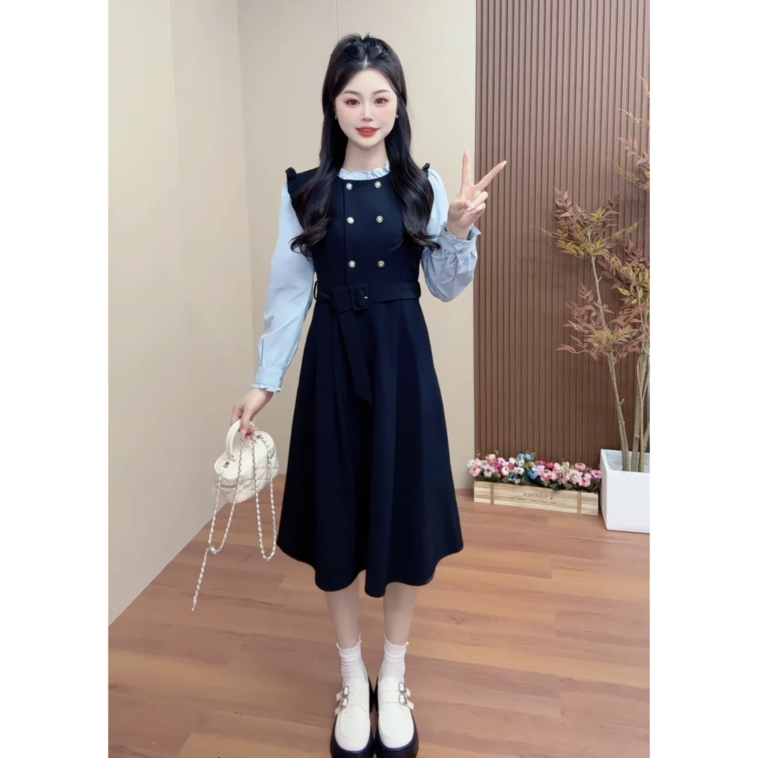 【MYC】2025年新款法式气质通勤小香拼接收腰显瘦假两件连衣裙