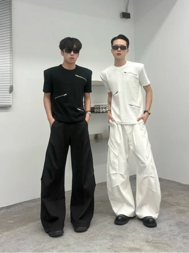 短袖拉链黑色显肌T恤夏季宽松百搭男士T1035