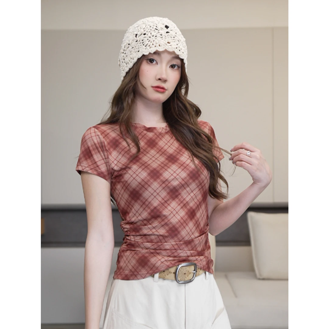 尔给夏季薄款短袖网纱格纹T恤女洋气设计感时尚气质修身显瘦上衣