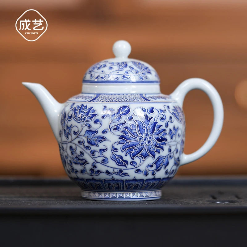 覆银点绘青莲圆融茶壶泡茶壶缠枝莲复古家用陶瓷壶日用创意茶壶