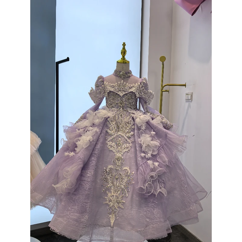 【紫梦】秋冬生日宴表演纯色女连衣裙女童公主裙春秋紫色轻奢晚礼服