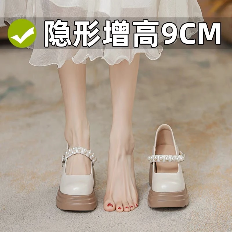 内增高玛丽珍鞋女2025新款配裙子不累脚一字带小香风珍珠粗跟单鞋