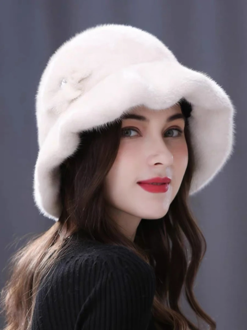 整貂花朵礼帽时尚冬季水貂皮草帽冬季保暖水貂毛裘皮帽香蕉帽