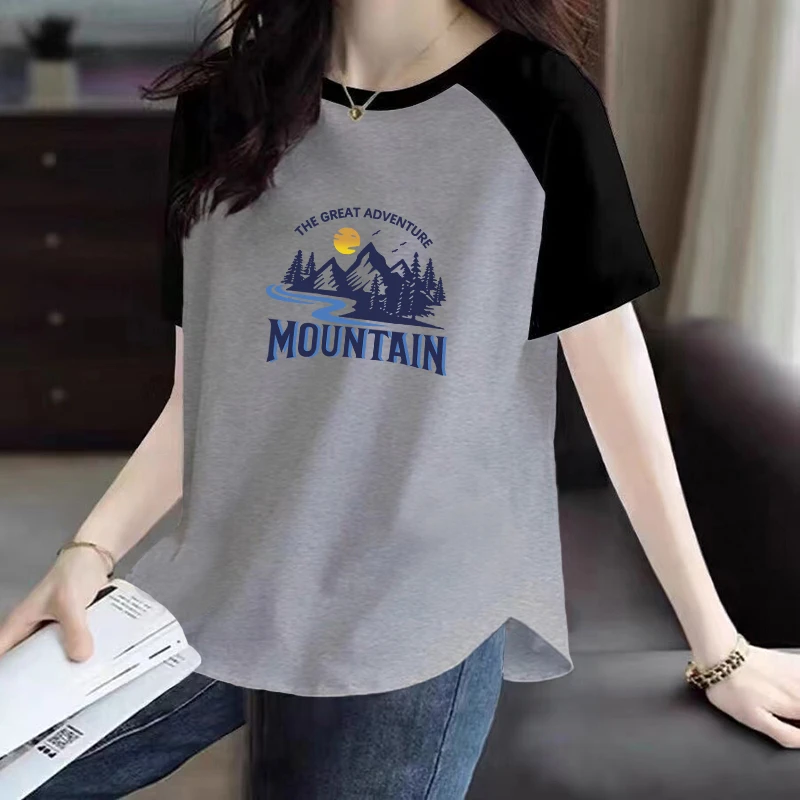 100%纯棉短袖T恤女夏新款宽松撞色拼接圆弧下摆别致减龄洋气上衣