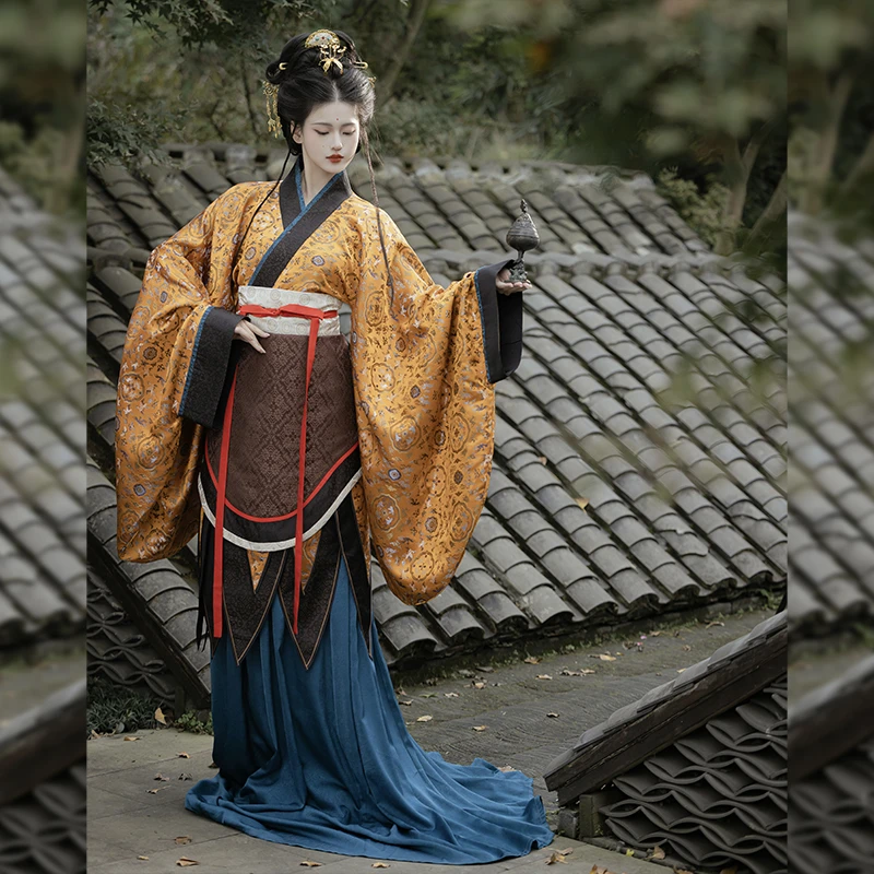 卿如故原创汉服南北朝复原魏晋风杂裾垂髾服五件套仿蜀锦交领拖尾