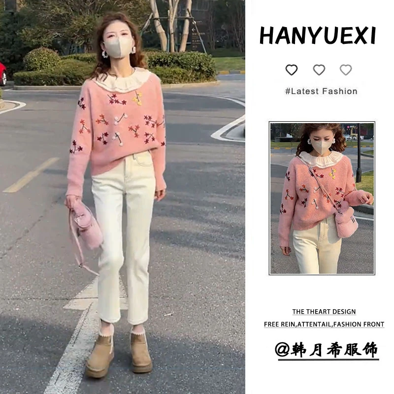 入春一整套女装2025新款韩版设计感刺绣圆领毛衣慵懒休闲裤两件套