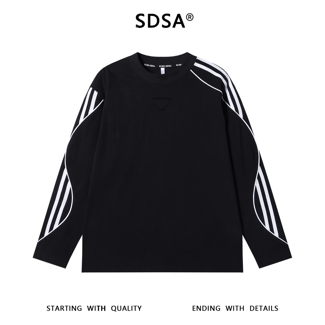 SDSA男士秋冬新款轻奢痞帅男装撞色条纹织带圆领长袖T恤高街显瘦
