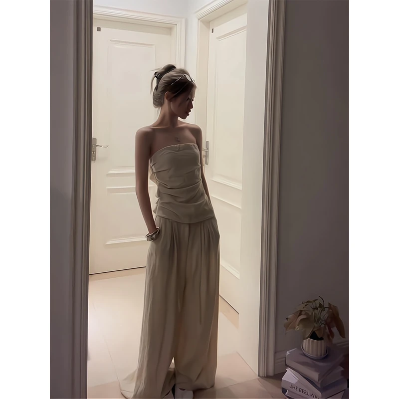上衣裤子时尚套装褶皱修身抹胸背心女夏季垂感休闲裤阔腿裤两件套