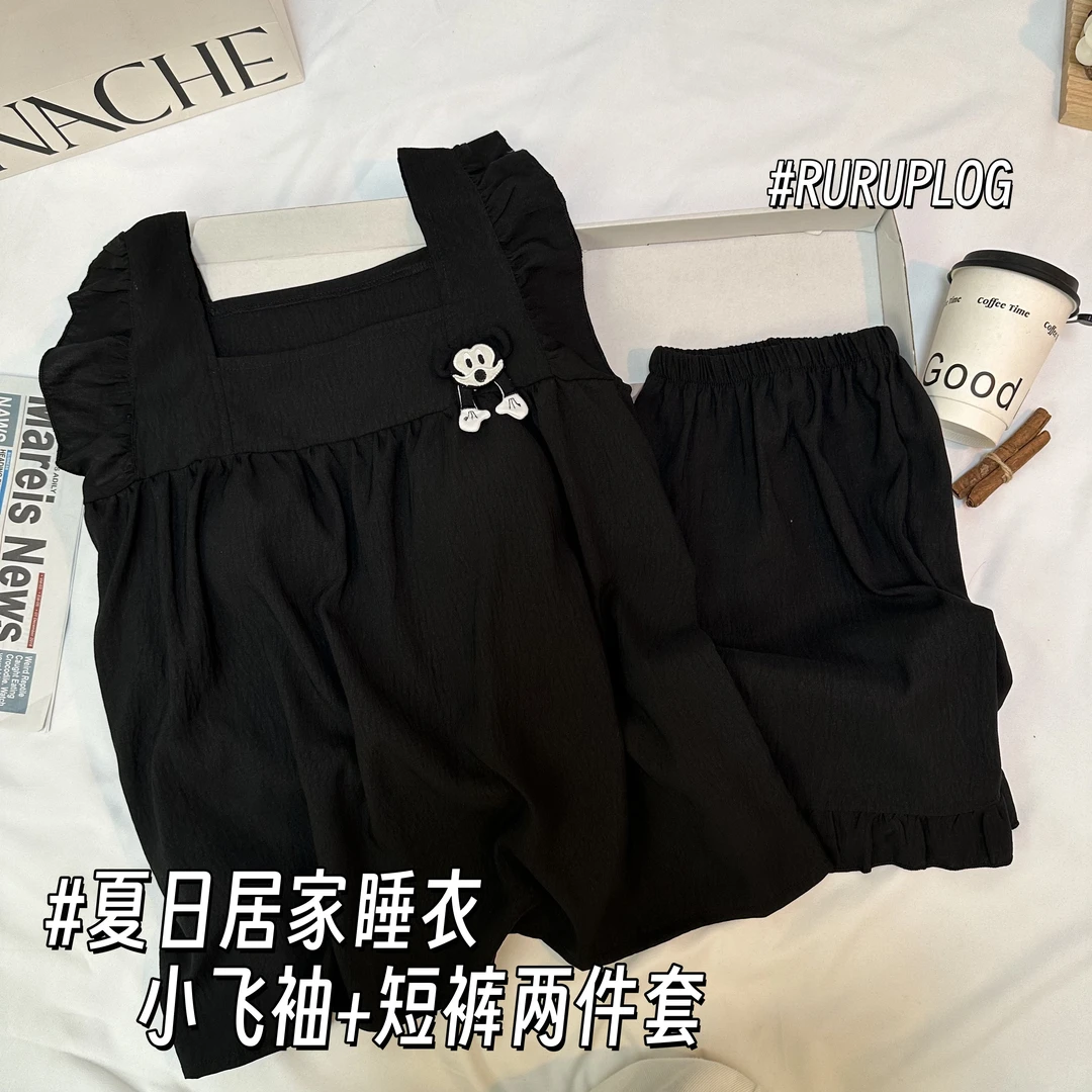 带胸垫小飞袖睡衣女士夏季云感棉卡通米奇短裤两件套可外穿家居服