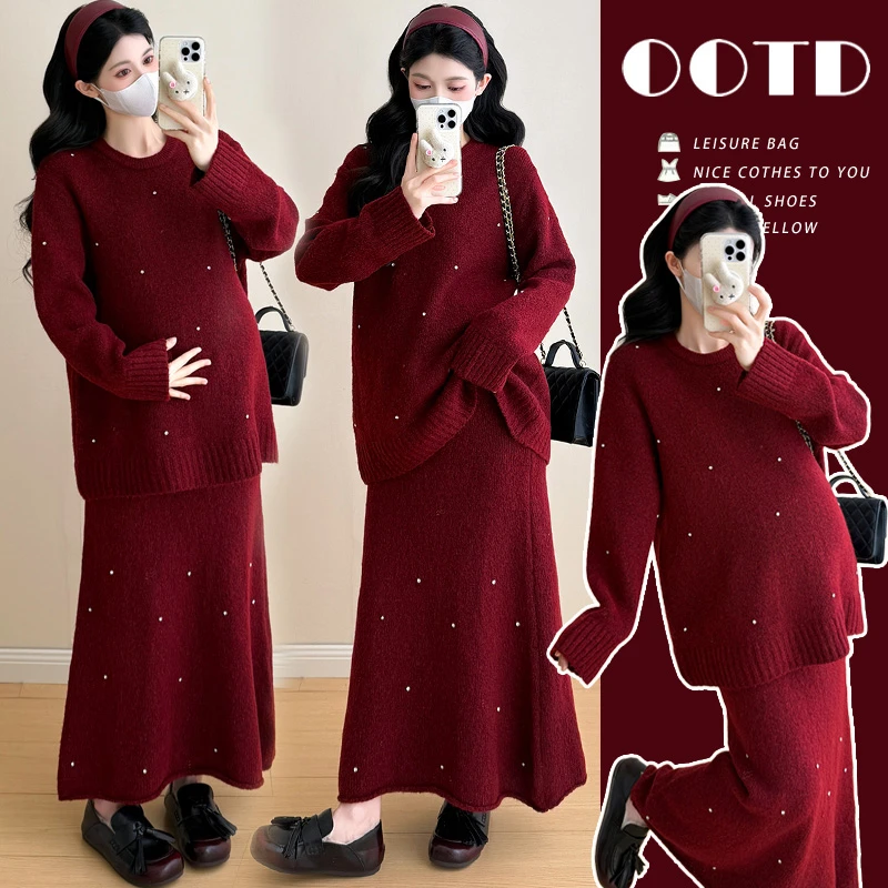 2025新款孕妇装秋冬装时尚韩版半身裙两件套红色宽松毛衣孕期套装