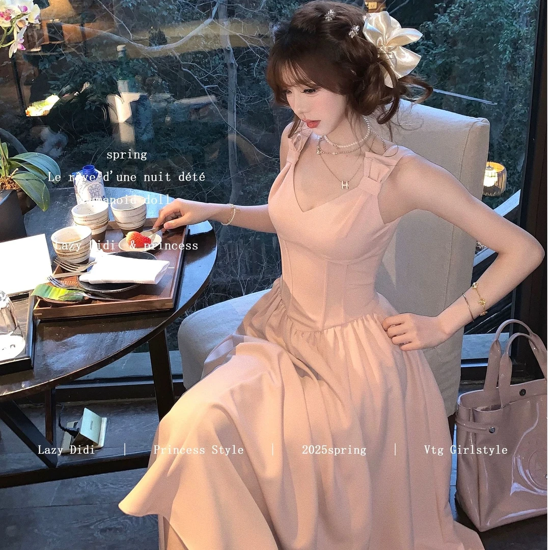 优雅经典版鱼骨长裙气质千金感礼服吊带连衣裙