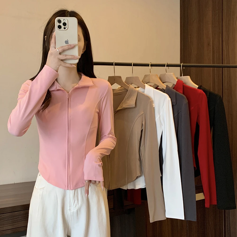 大码女装新款简约百搭长袖拉链T恤 2513