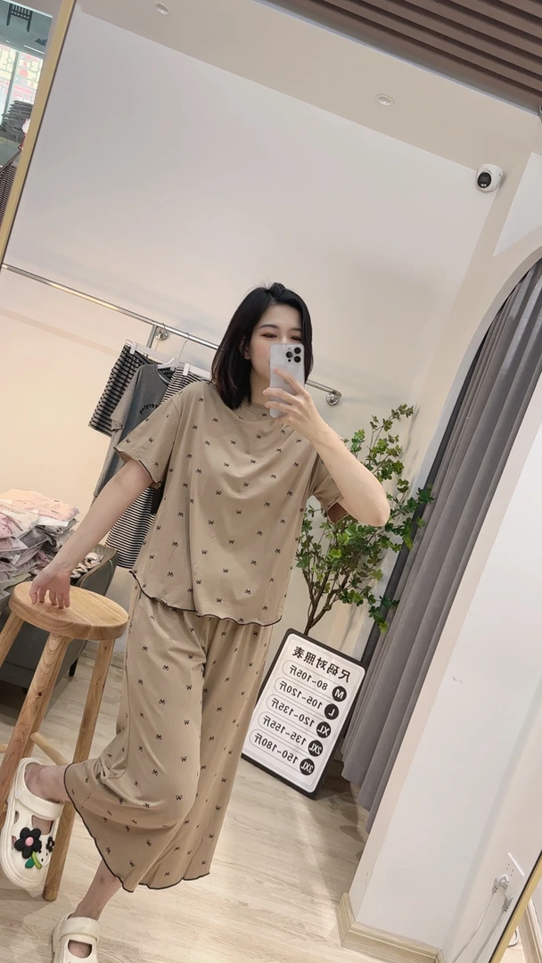 夏季爽棉睡衣女气质舒适时尚休闲女士圆领简约薄款宽松家居服套装