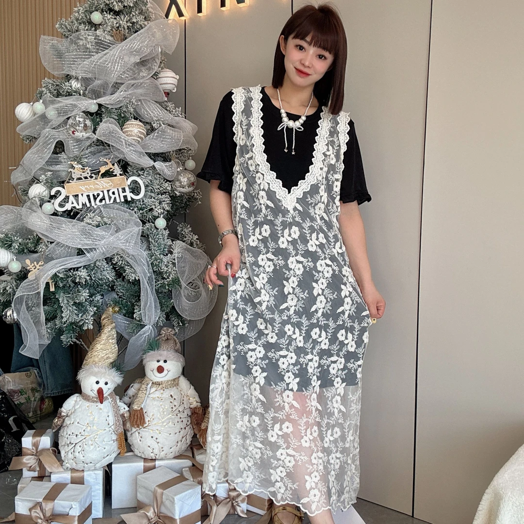 【鑫焱甄选】V领蕾丝背心连衣裙女2025新款提花显瘦马甲裙休闲裙