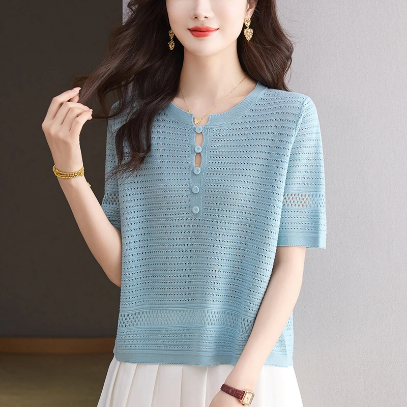 时尚休闲小衫夏季2025新款镂空冰丝上衣宽松显瘦短款短袖t恤气质