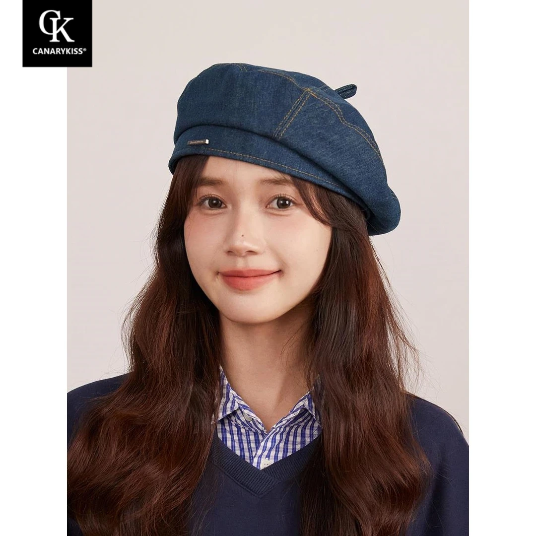 Canary Kiss韩版复古牛仔贝雷帽女生素颜显脸小蓓蕾帽文艺画家帽