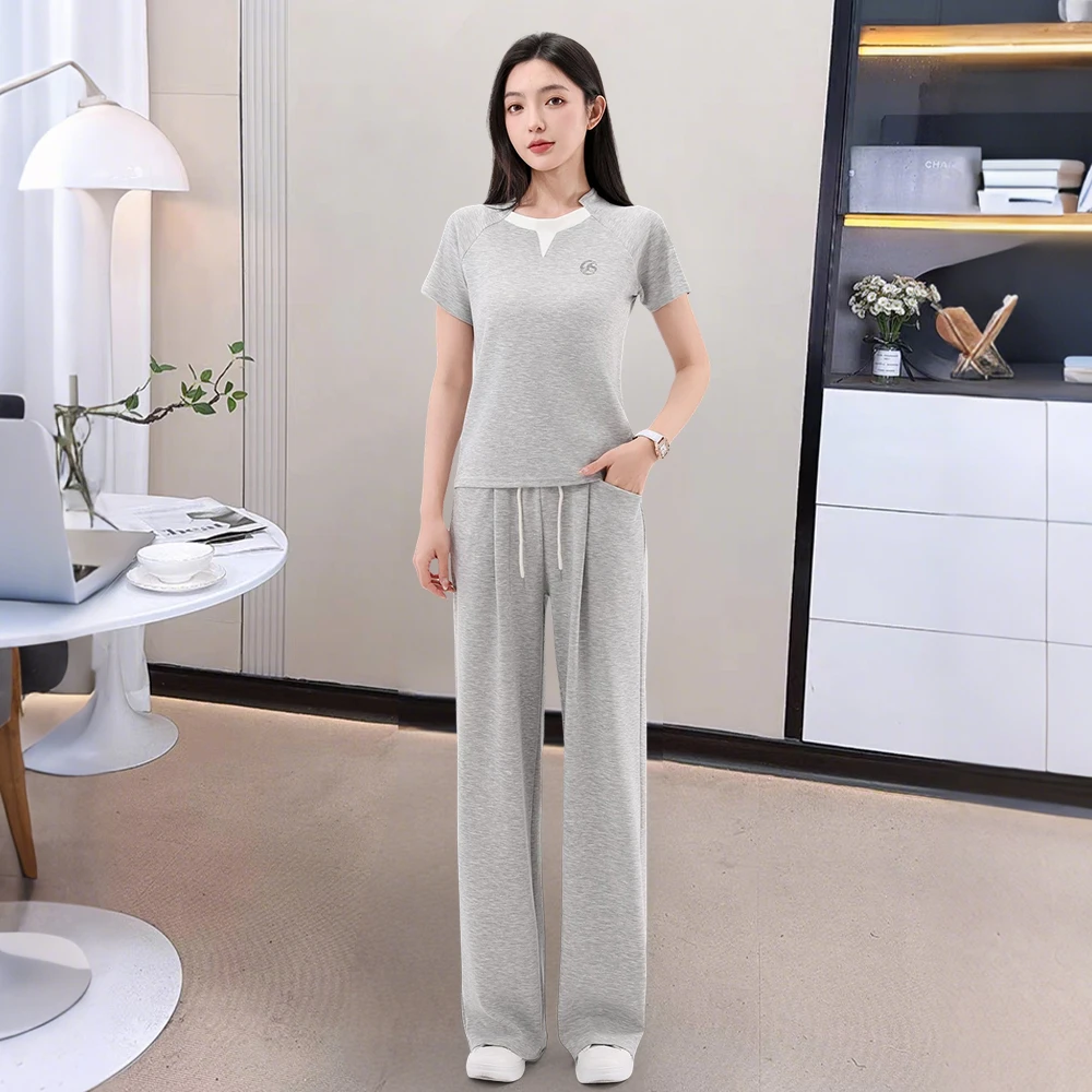 气质时尚休闲运动套装女夏季遮肚显瘦V领短袖高腰直筒长裤E0371
