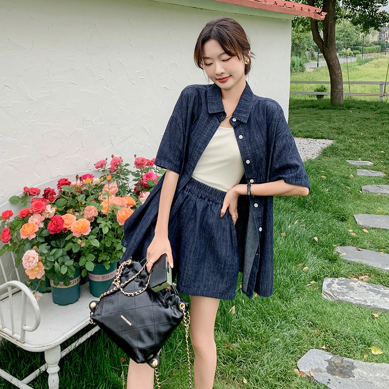 蓝色牛仔套装女夏2025新款港风小个子宽松休闲薄款上衣短裤两件套
