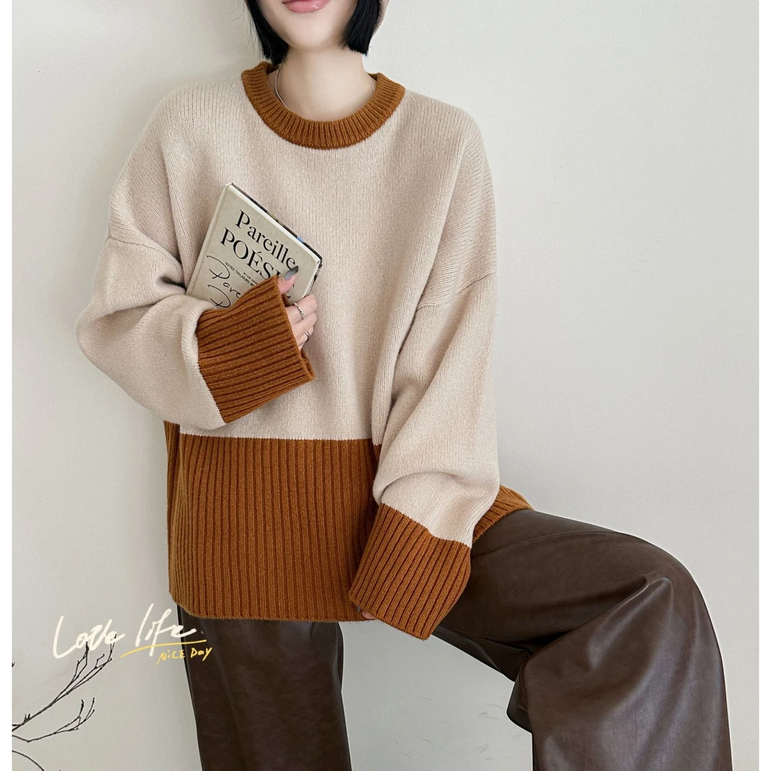 【反季清仓】100%绵羊毛 圆领拼色套头宽松针织羊毛衫女