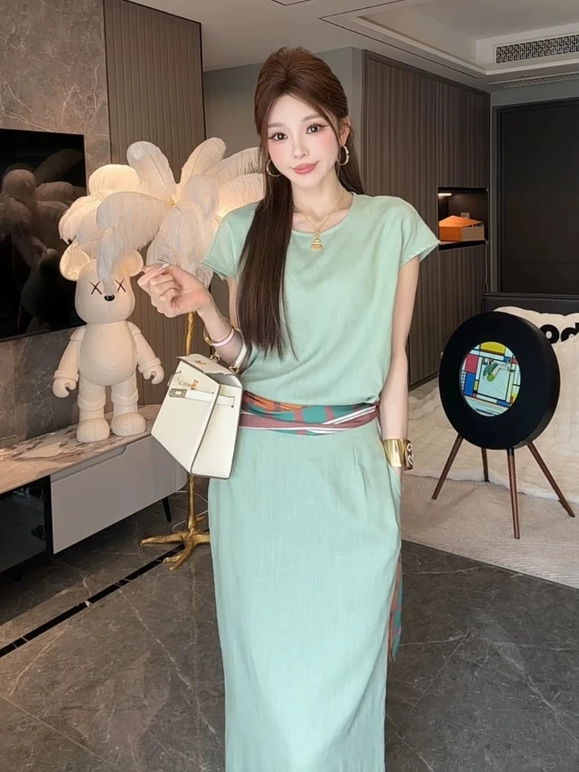 套装拼接丝巾独特绝美漂亮小香风上衣半身裙两件套2825