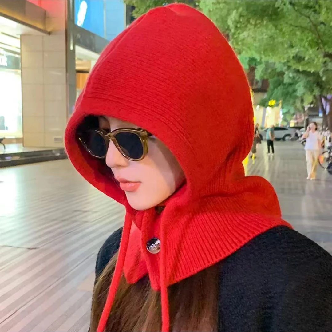 【LANMA】新款针织克拉克拉法帽带纽扣女秋冬季韩版保暖护耳包头款