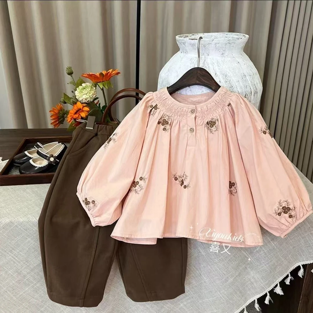 女童春秋套装2025新款儿童时尚洋气阔腿裤衬衫春款娃娃衫韩系穿搭