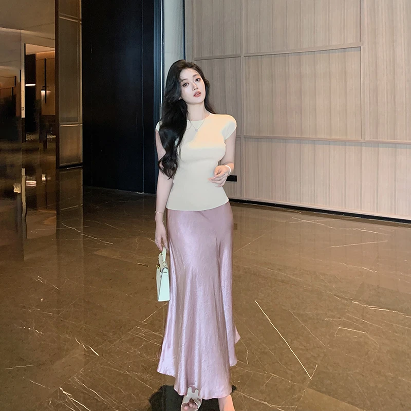 林关关 紫色醋酸缎面半身裙71725