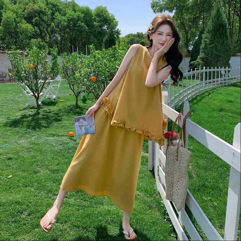 姜黄色法式一整套温柔风套装裙女2025年夏季新款背心半身裙两件套