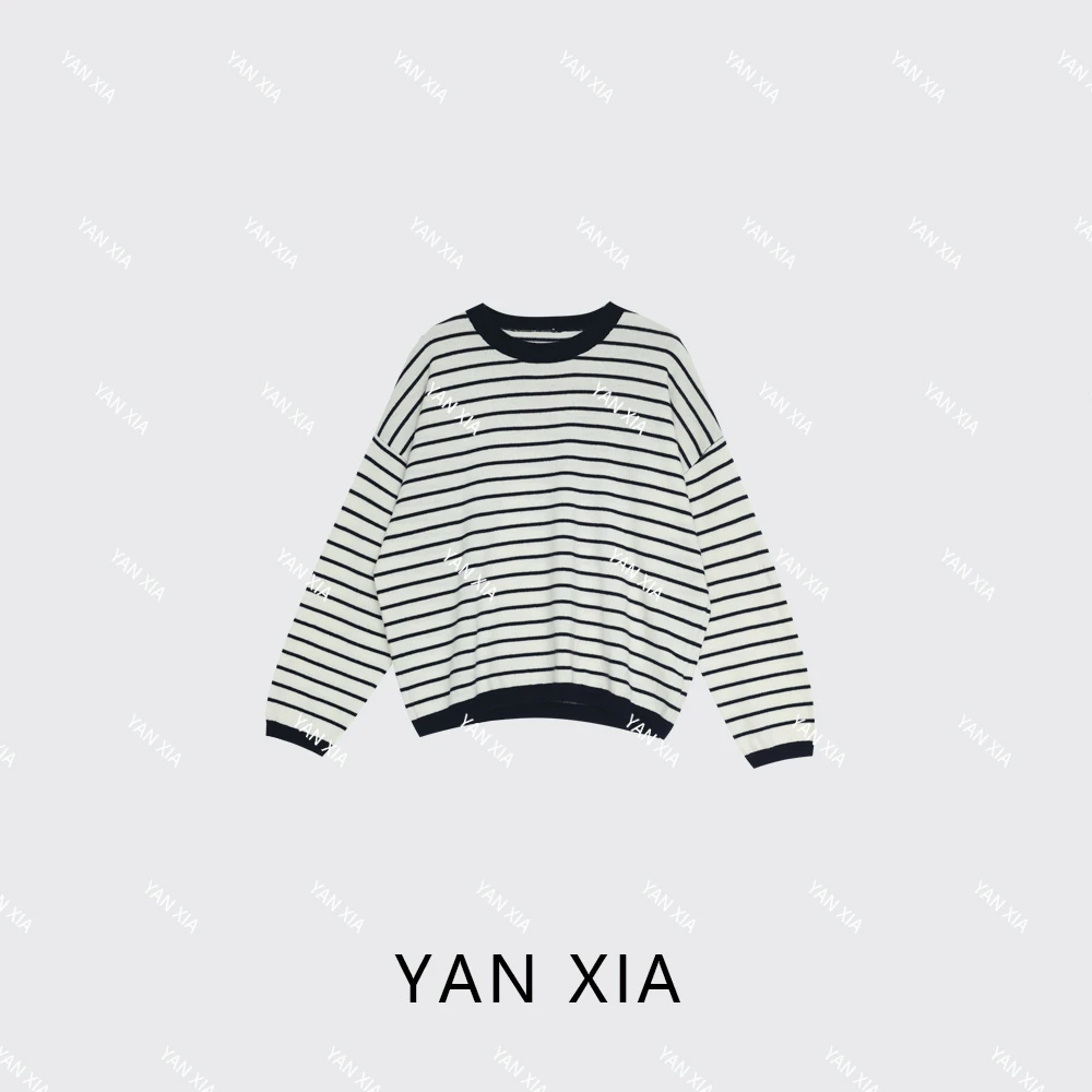 温柔风  100绵羊毛长袖黑白简约百搭条纹女士宽松毛衣   XG002