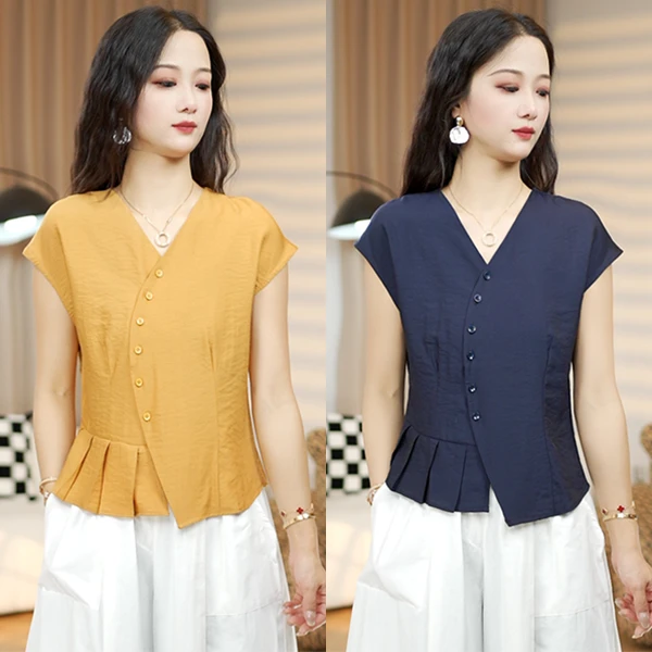 夏季新款时尚减龄V领下摆压褶气质轻薄透气开衫T恤百搭显瘦上衣
