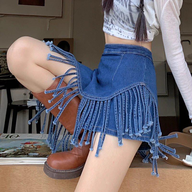 蓝色潮牌半身裙女2025夏季新款高腰流苏裙摆设计A子版牛仔短裤裙