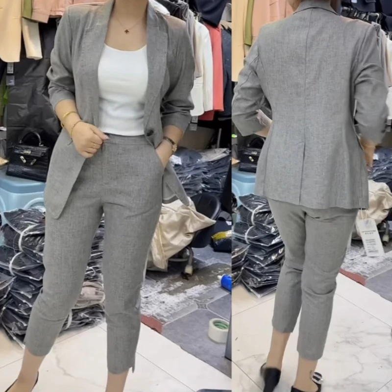 休闲西服西裤两件套女士气质时尚百搭夏季灰色薄款简约