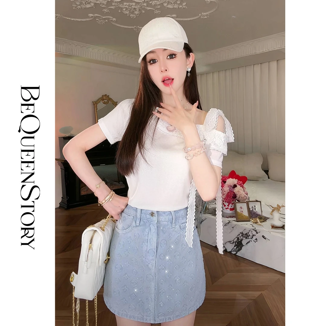 BeQueenStory【风铃恋曲】时尚天丝蕾丝花边优雅精致飘带上衣2025夏