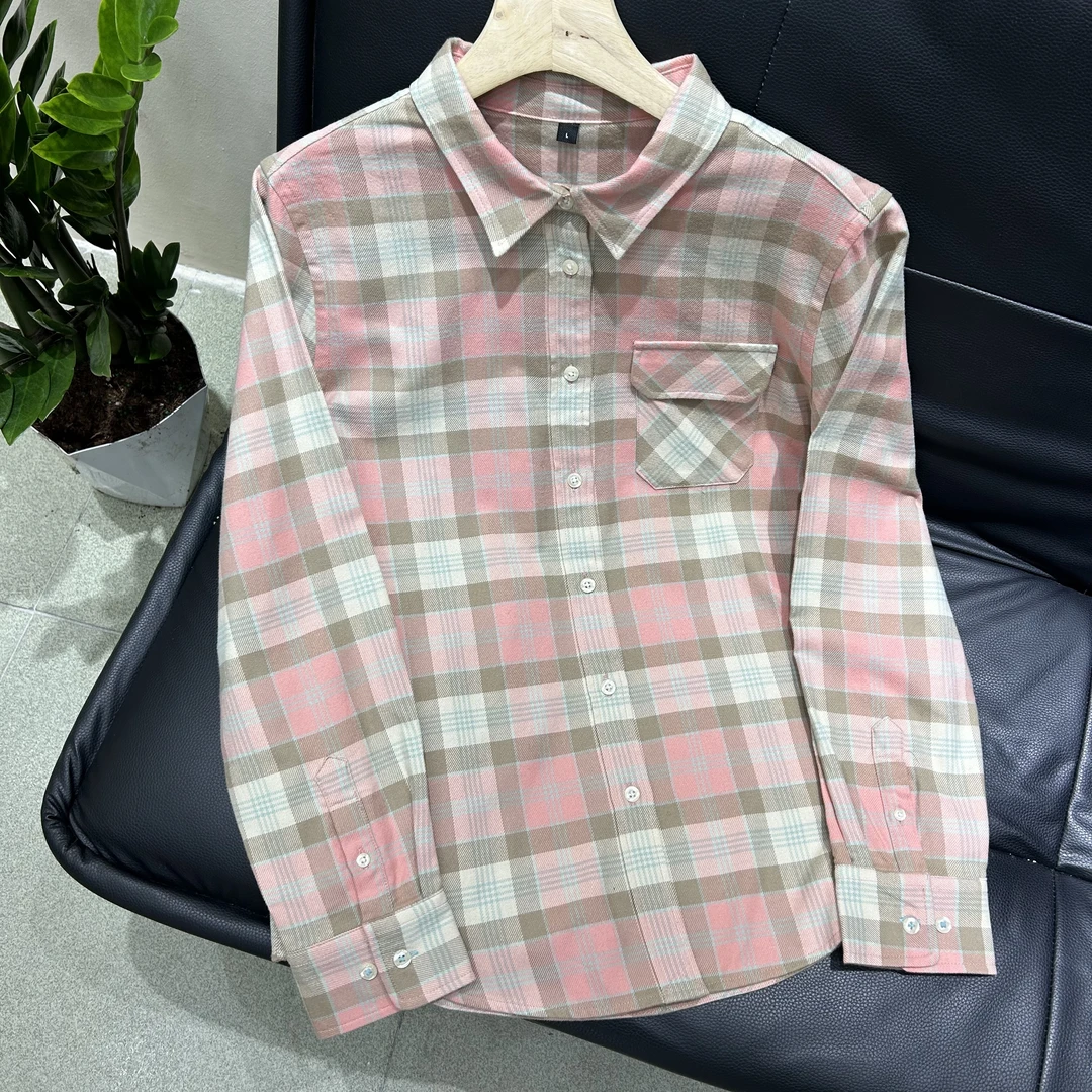 秋冬季新款长袖格子衬衫休闲百搭通勤气质翻领磨毛衬衫女士衬衣