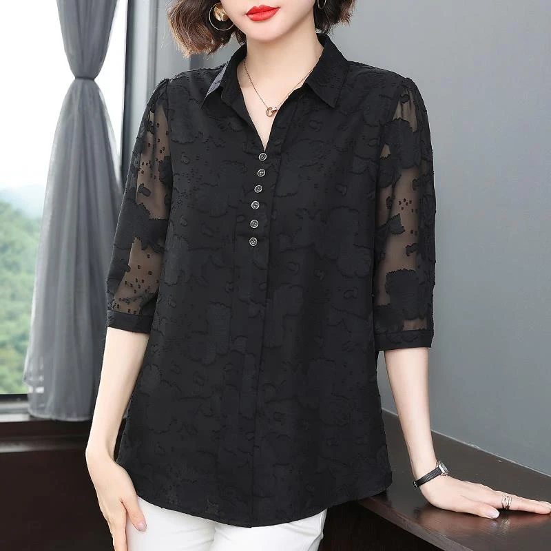 FAVMARTHA七分袖雪纺衫女士春季新款宽松遮肚子上衣中长款衬衫春