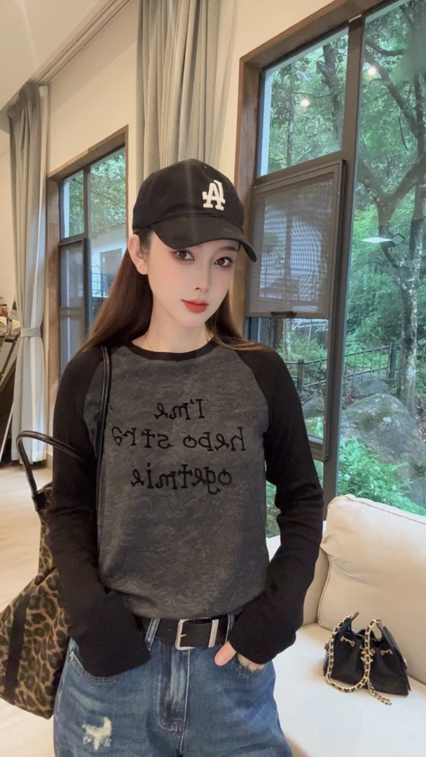 Nalian/拿恋豆子优选-百搭洋气韩版字母拼接长袖T恤打底衫DZ98703