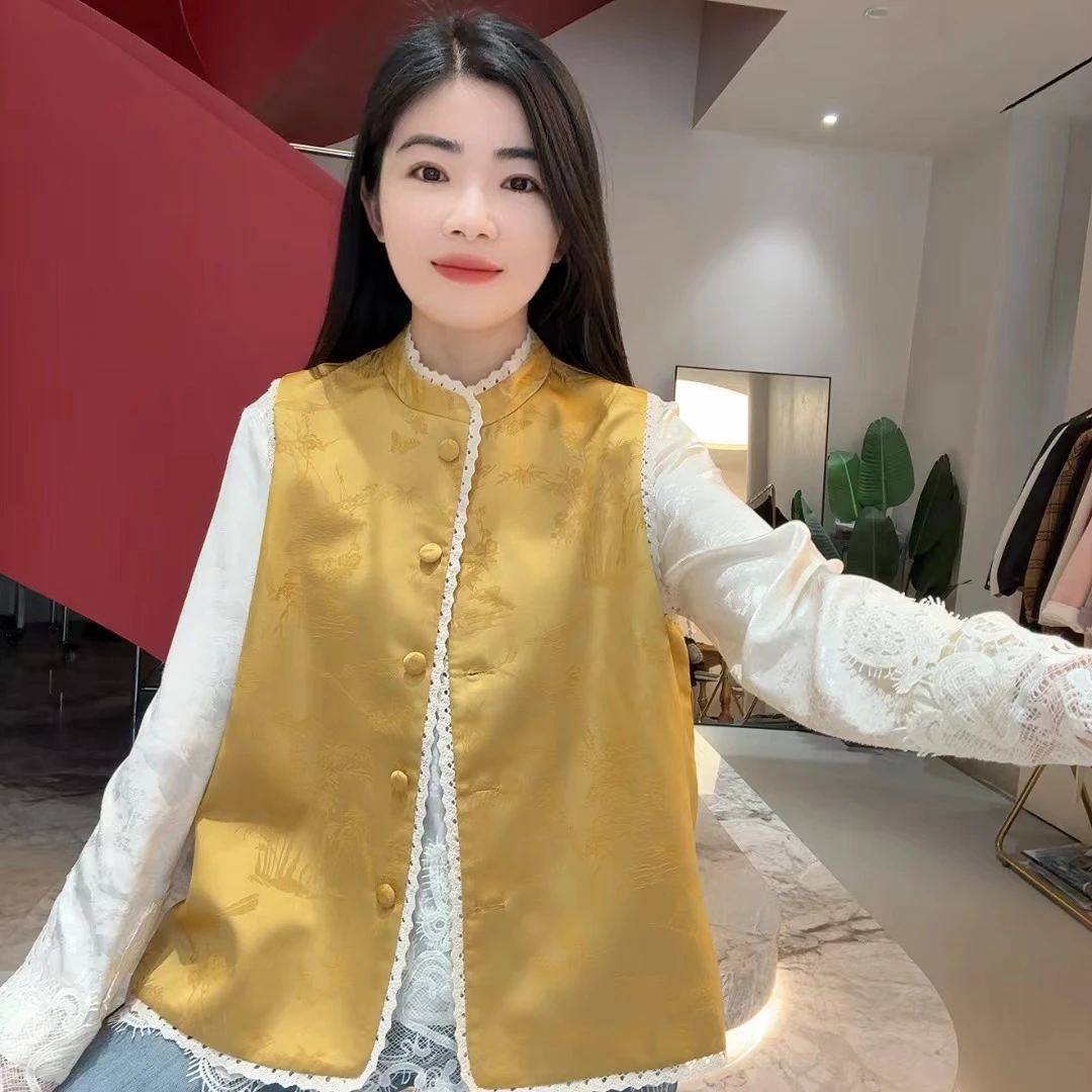 QC 252586 新中式蕾丝拼接单排扣马甲洋气时尚坎肩上衣