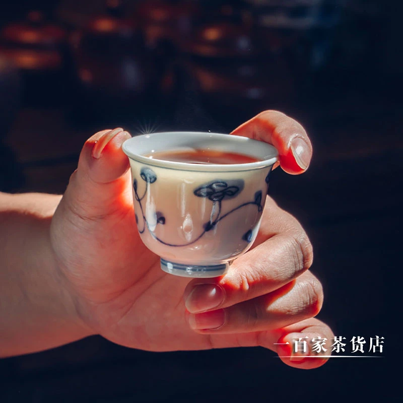 不二学古茶具丨青花灵芝杯 清雅秀美造型青花绘灵芝纹品茗杯茶杯