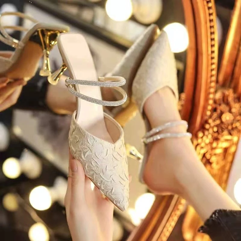 时尚款牌半拖高跟鞋气质2025年尖头水钻凉鞋仙女风女夏QW