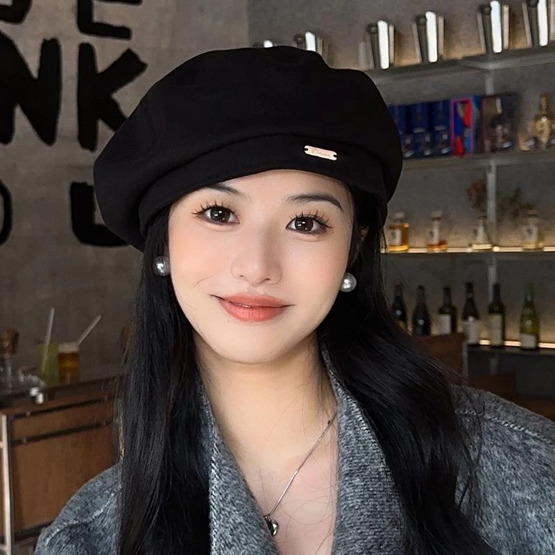 日系复古金属标贝雷帽女秋冬网红小众设计画家帽显脸小八角南瓜帽