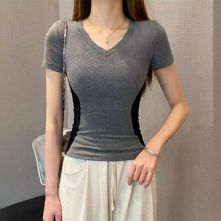 大码胖妹妹百搭美式复古正肩短袖t恤女夏季2025显瘦修身辣妹上衣