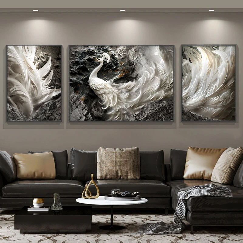 高级感客厅装饰画2024新款高端沙发背景墙挂画立体浮雕孔雀三联画