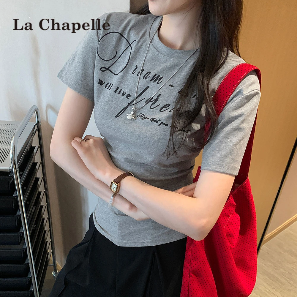 拉夏贝尔2025夏新款掐腰字母印花短袖T恤女正肩休闲百搭显瘦上衣