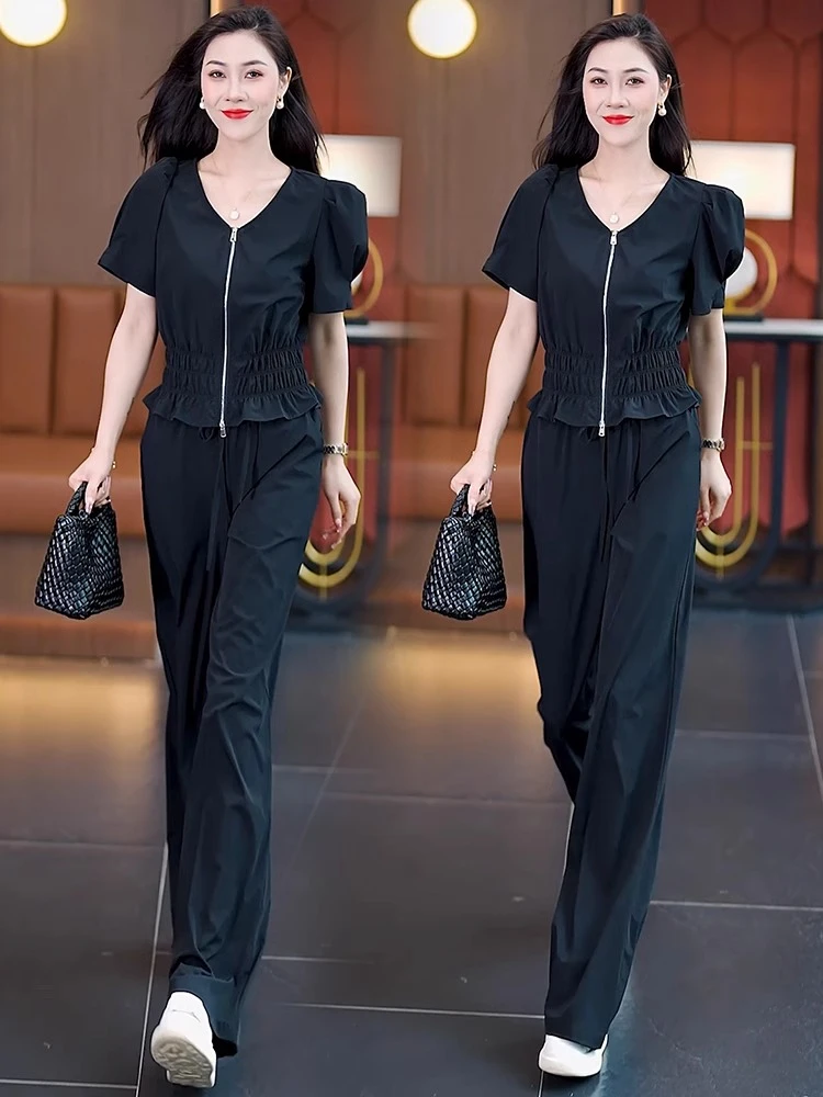 2025夏季新款时尚冰丝洋气质V领收腰显瘦短袖上衣阔腿裤两件套装