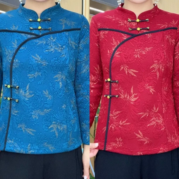 秋冬加绒保暖复古盘扣中老年妈妈装宽松显瘦打底上衣