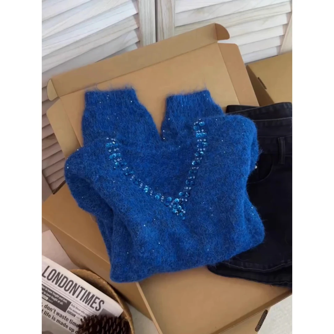 韩系秋冬季chic复古慵懒风针织衫高级感超好看蓝色V领细闪毛衣女