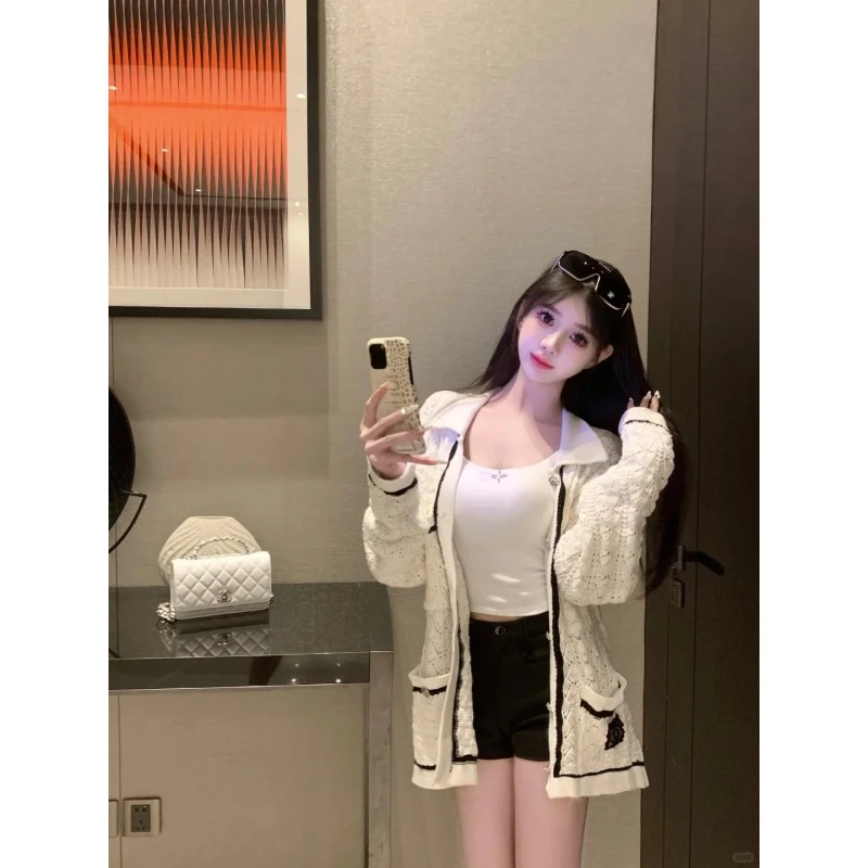 韩系小香风镂空针织开衫毛衣外套女秋冬高腰修身直筒短裤两件套装