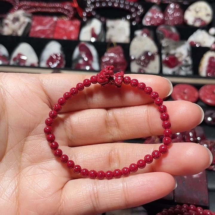 天然辰砂压晶小米珠手链4mm