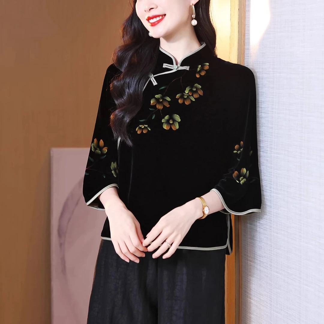 中式真丝丝绒旗袍上衣女民国风手绘斜襟立领七分袖100%桑蚕丝小衫