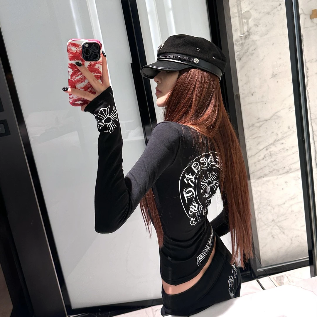 黑有染miekevv美式印花黑色T恤女修身圆领长袖上衣